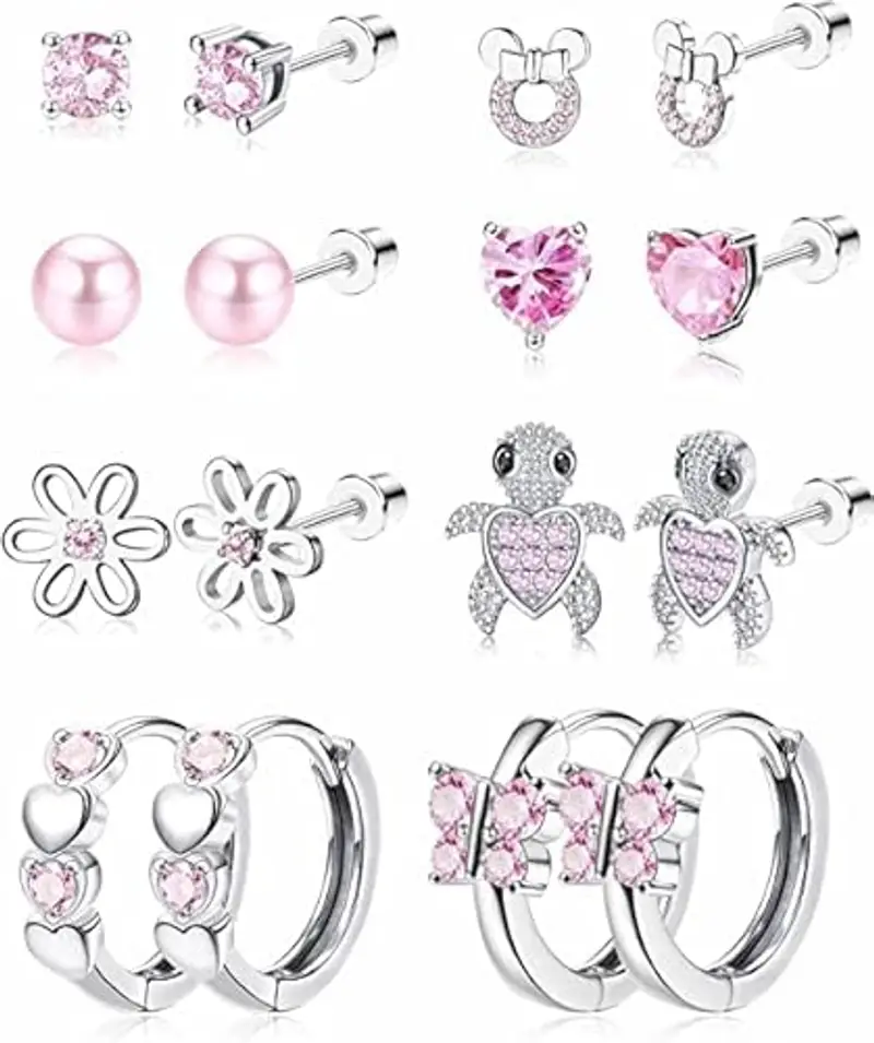 LOLIAS 8 Paia Orecchini Ipoallergenici per Donne Ragazze - Hoop, Fiore, Sfera, Cuore, CZ, Farfalla, Stud - Set in Acciaio Inox per Tragus e Cartilagine