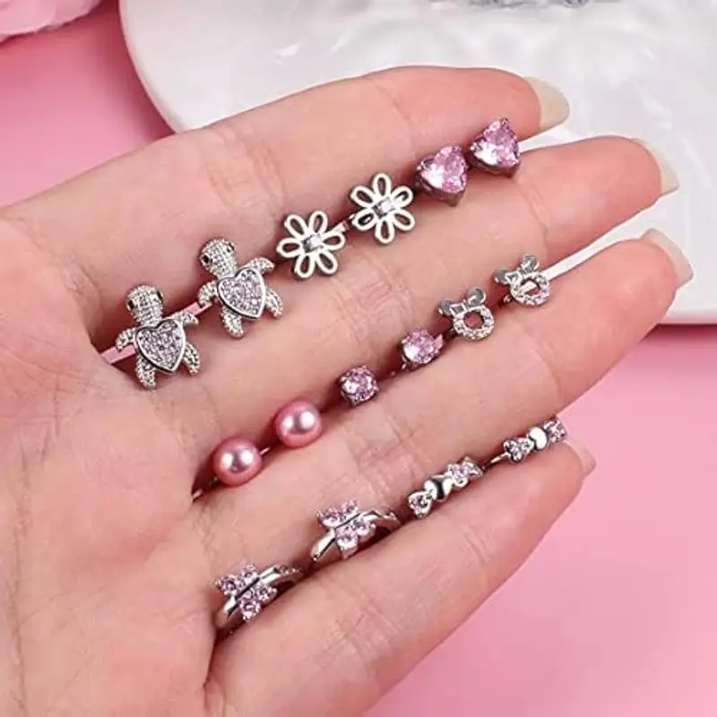 LOLIAS 8 Paia Orecchini Ipoallergenici per Donne Ragazze - Hoop, Fiore, Sfera, Cuore, CZ, Farfalla, Stud - Set in Acciaio Inox per Tragus e Cartilagine miniatura 3