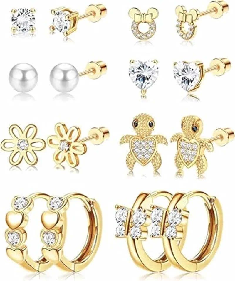LOLIAS 8 Paia Orecchini Ipoallergenici per Donne Ragazze - Hoop, Fiore, Sfera, Cuore, CZ, Farfalla, Stud - Set In Acciaio Inox per Tragus e Cartilagine