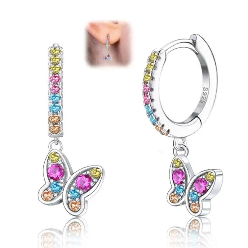 LOLIAS 925 Sterling Silver Huggie Orecchini a cerchio con cuore farfalla Star Colorful Cubic Zirconia Piccolo ciondola goccia orecchini a cerchio gioielli per le donne Ragazze