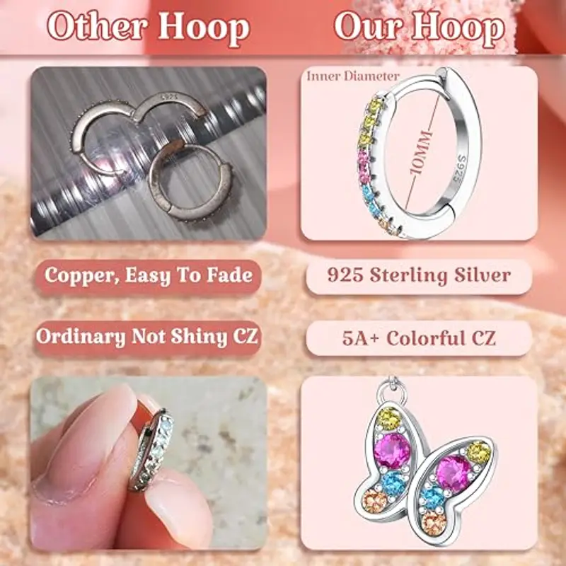 LOLIAS 925 Sterling Silver Huggie Orecchini a cerchio con cuore farfalla Star Colorful Cubic Zirconia Piccolo ciondola goccia orecchini a cerchio gioielli per le donne Ragazze miniatura 3