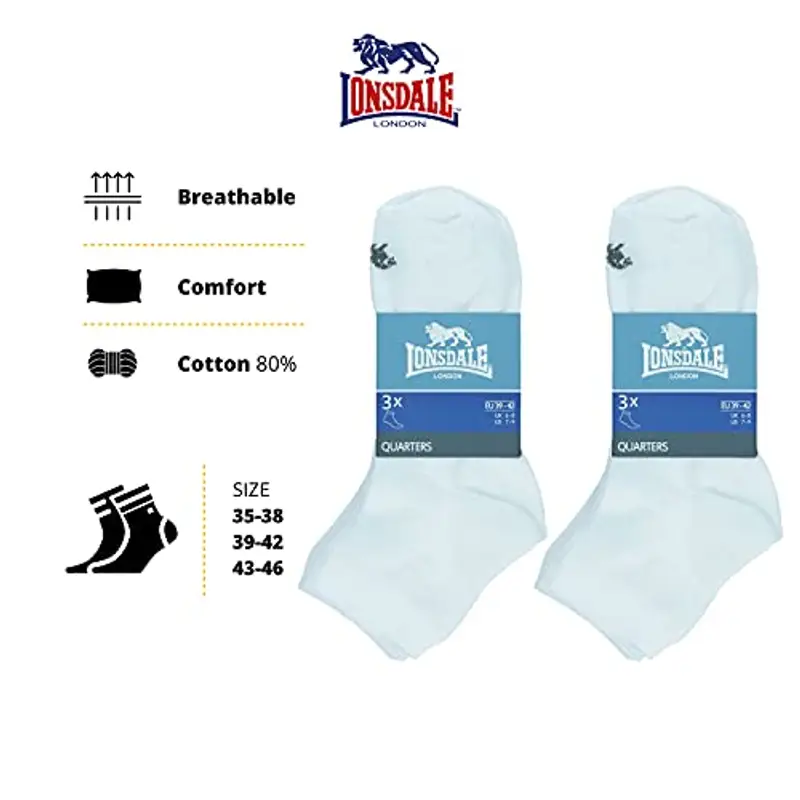Lonsdale Quarter 6 Paia di calzini sopra la caviglia, ottima qualità di cotone (Bianco, 35-38) miniatura 3