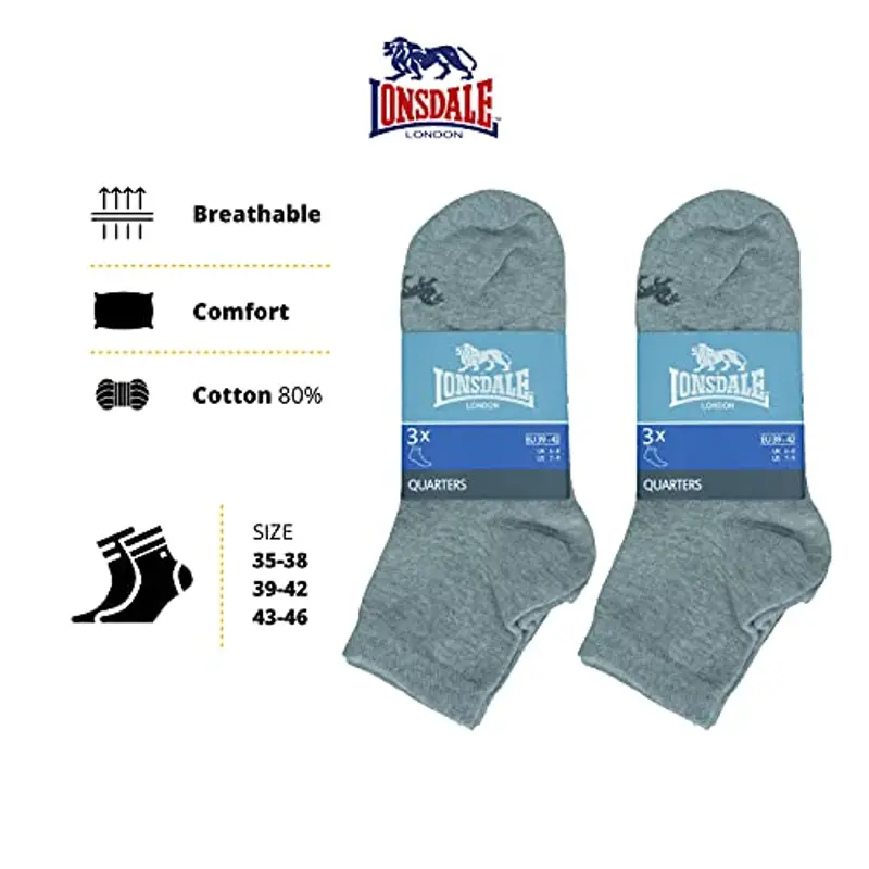 Lonsdale Quarter 6 Paia di calzini sopra la caviglia, ottima qualità di cotone (Grigio Melange, 39-42) miniatura 3