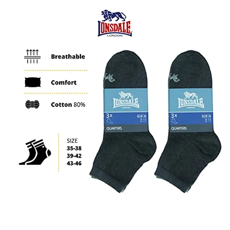 Lonsdale Quarter 6 Paia di calzini sopra la caviglia, ottima qualità di cotone (Grigio Mix, 39-42) miniatura 3