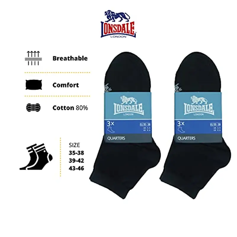 Lonsdale Quarter 6 Paia di calzini sopra la caviglia, ottima qualità di cotone (Nero, 35-38) miniatura 3