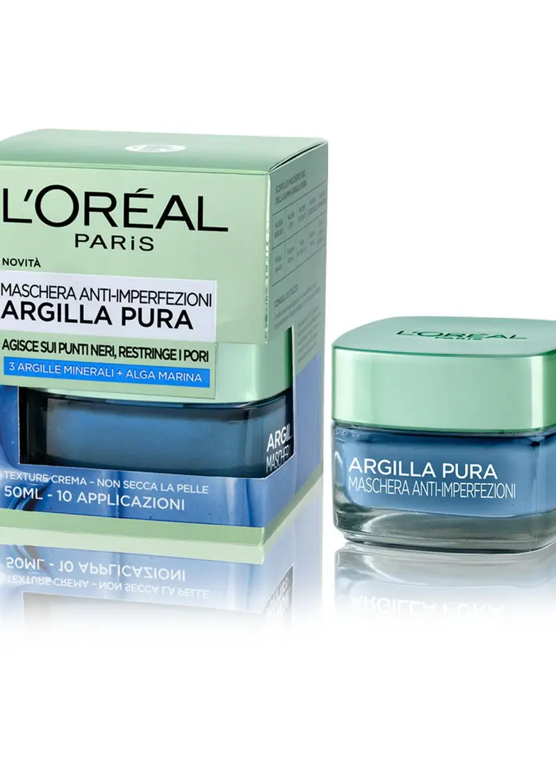 L'OREAL, L'oréal Paris Maschera Per Il Viso Argilla Pura, Azione Anti-imperfezioni, Agisce Sui Punti Neri E Ristringe Pori, Con Alga Marina E 3 Argille Minerali, 50 Ml., Donna, Bianco