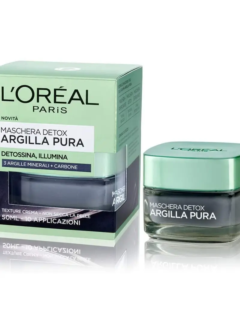L'OREAL, L'oréal Paris Maschera Per Il Viso Argilla Pura, Azione Detox, Detossina E Illumina La Pelle, Con Carbone E 3 Argille Minerali, 50 Ml., Donna, Bianco