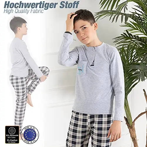 LOREZA ® Ragazzi Set Pigiama Due Pezzi in Cotone (128-134 (8-9 Anni), Grigio) miniatura 3