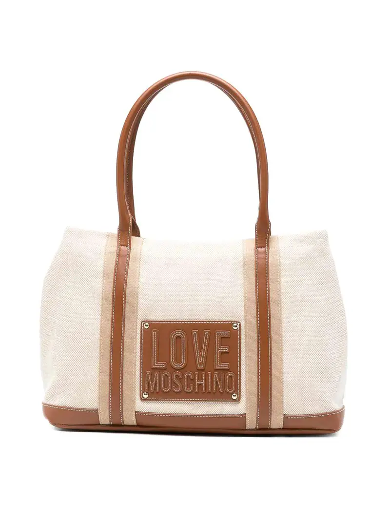 Borsa Shopping In Cotone Beige Marrone
