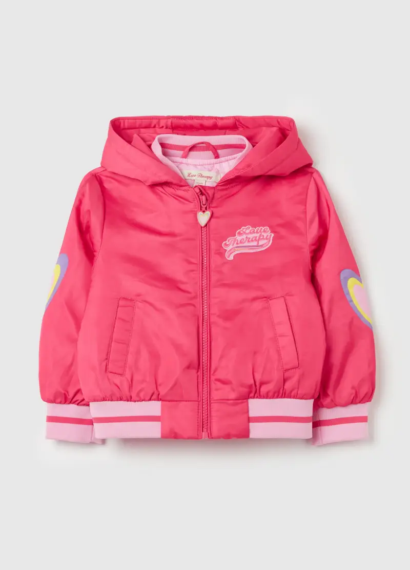 Bomber Con Cappuccio E Ricamo Cuori, Bambina, Rosa