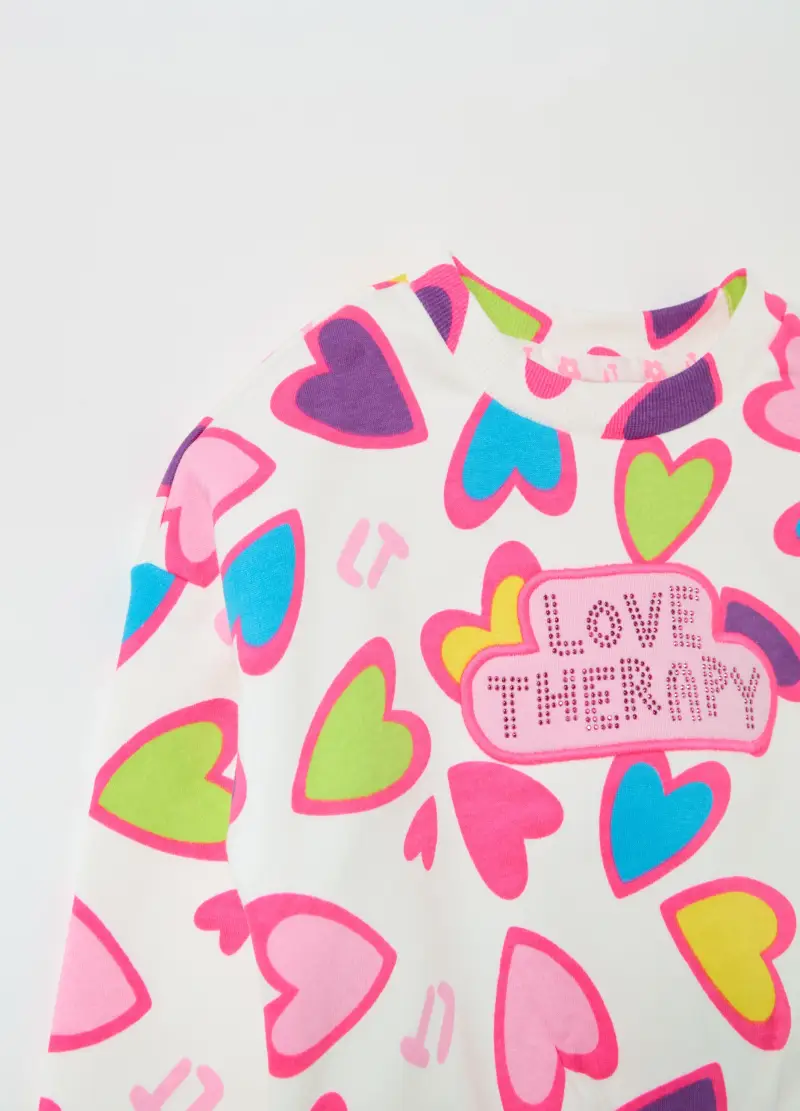 Felpa Con Stampa Cuori Multicolore E Strass, Bambina, Bianco miniatura 3