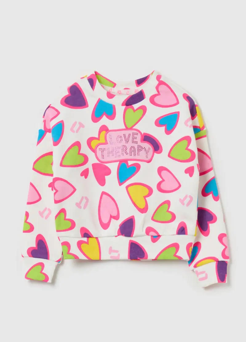 Felpa Con Stampa Cuori Multicolore E Strass, Bambina, Bianco