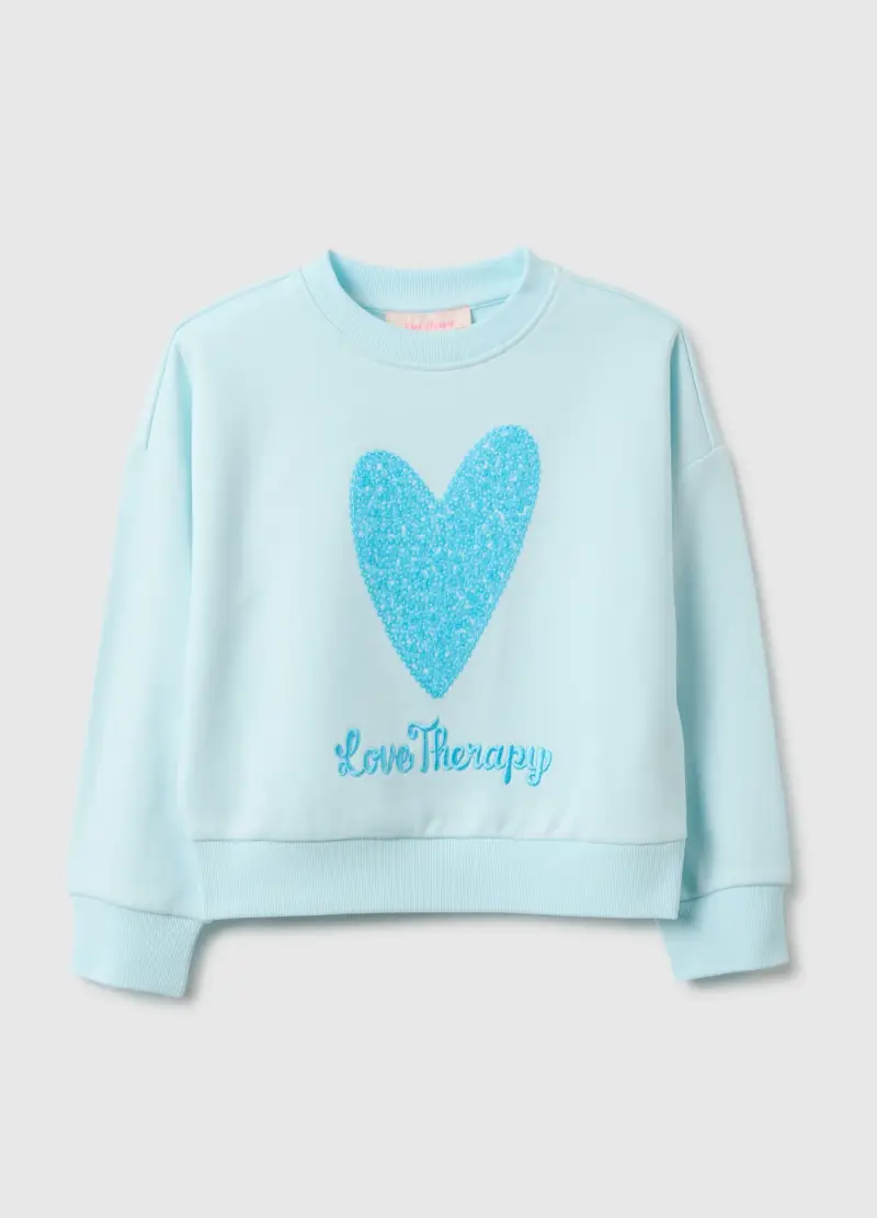 Felpa In Misto Cotone Azzurra Regular Fit Con Cuore Per Bambina, Azzurro