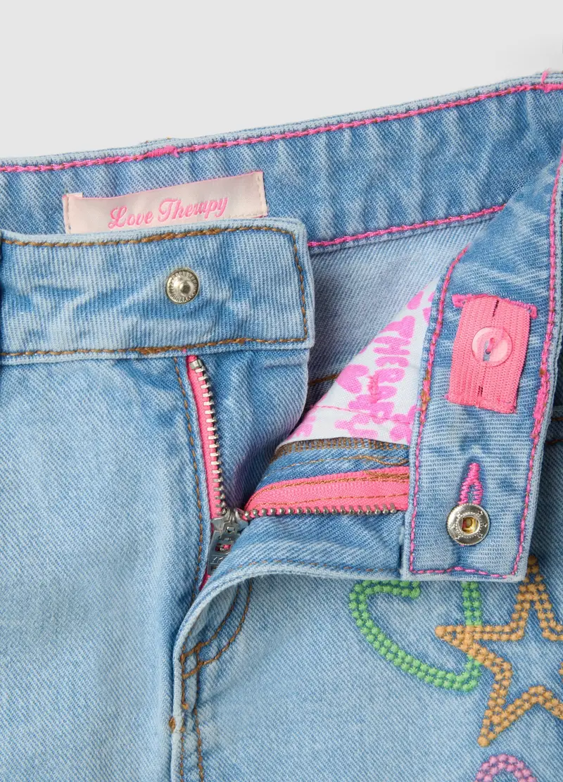 Gonna Mini In Puro Cotone Con Ricami Colorati, Bambina, Denim miniatura 3