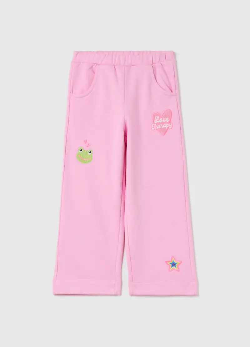 Joggers A Gamba Larga Con Patch, Bambina, Rosa