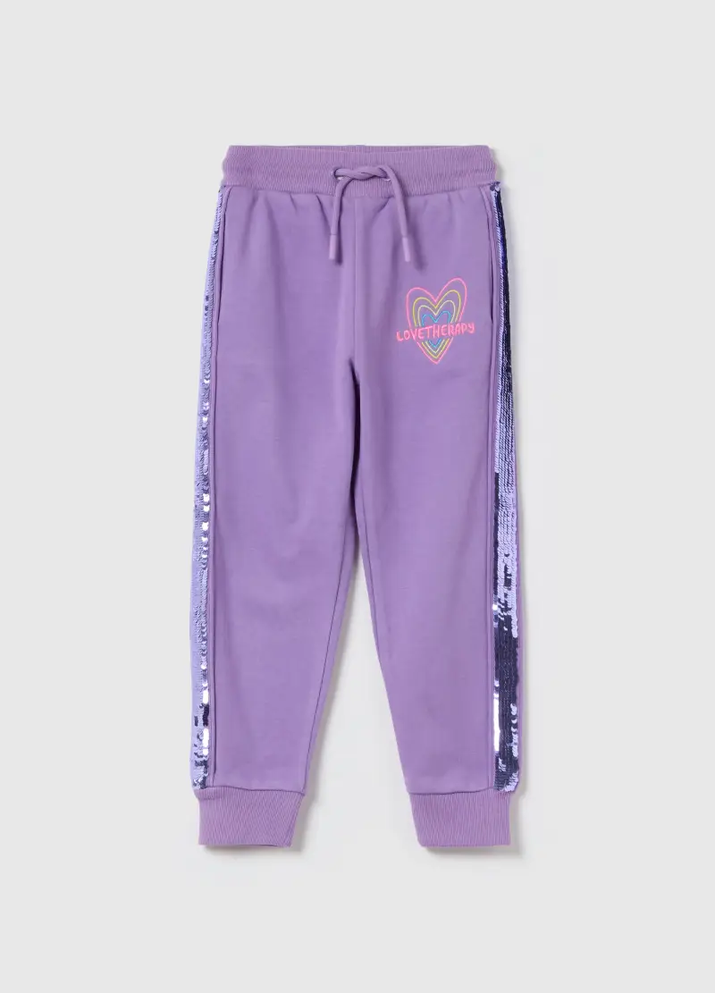 Joggers Con Paillettes E Ricamo Cuore, Bambina, Viola