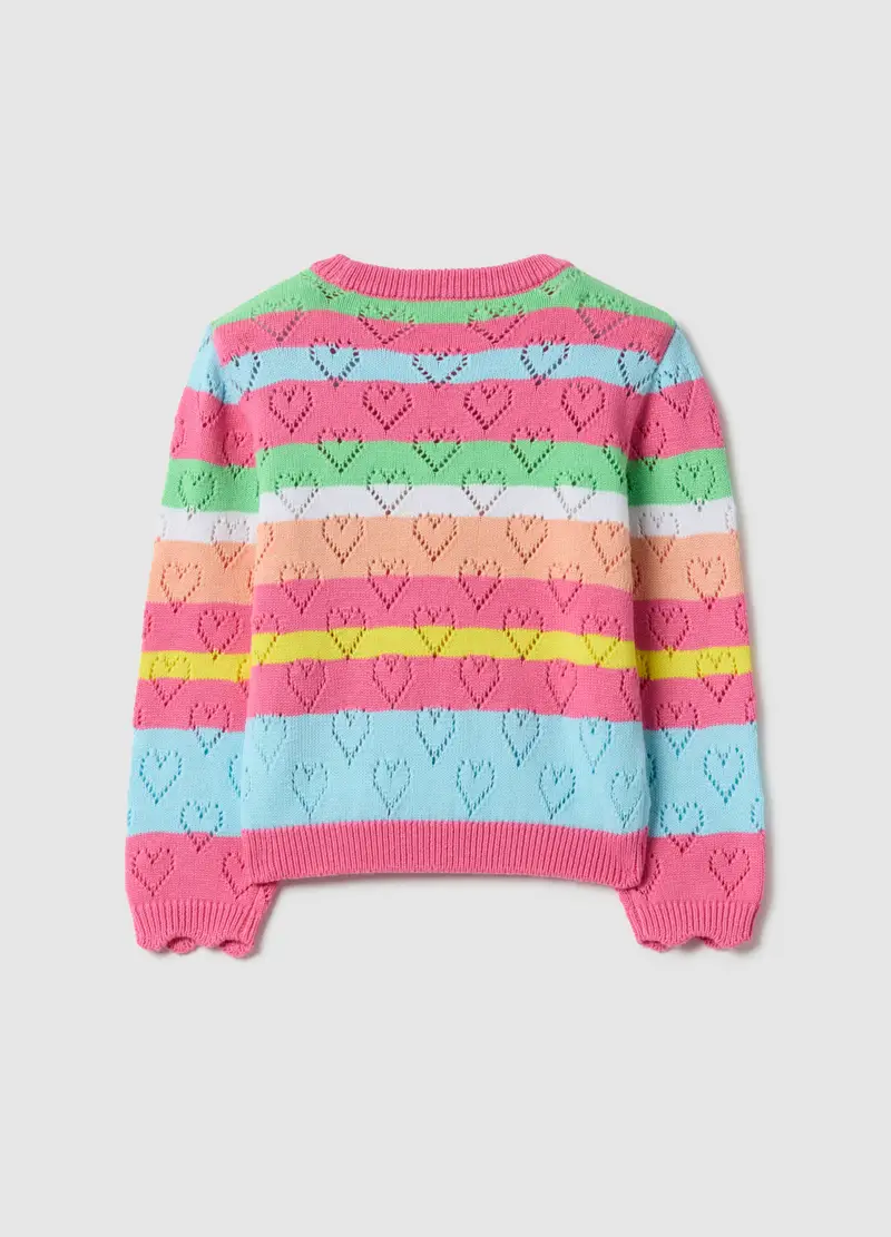 Maglione In Puro Cotone A Righe Multicolor Da Bambina Regular Fit Con Cuori, Multicolor miniatura 2