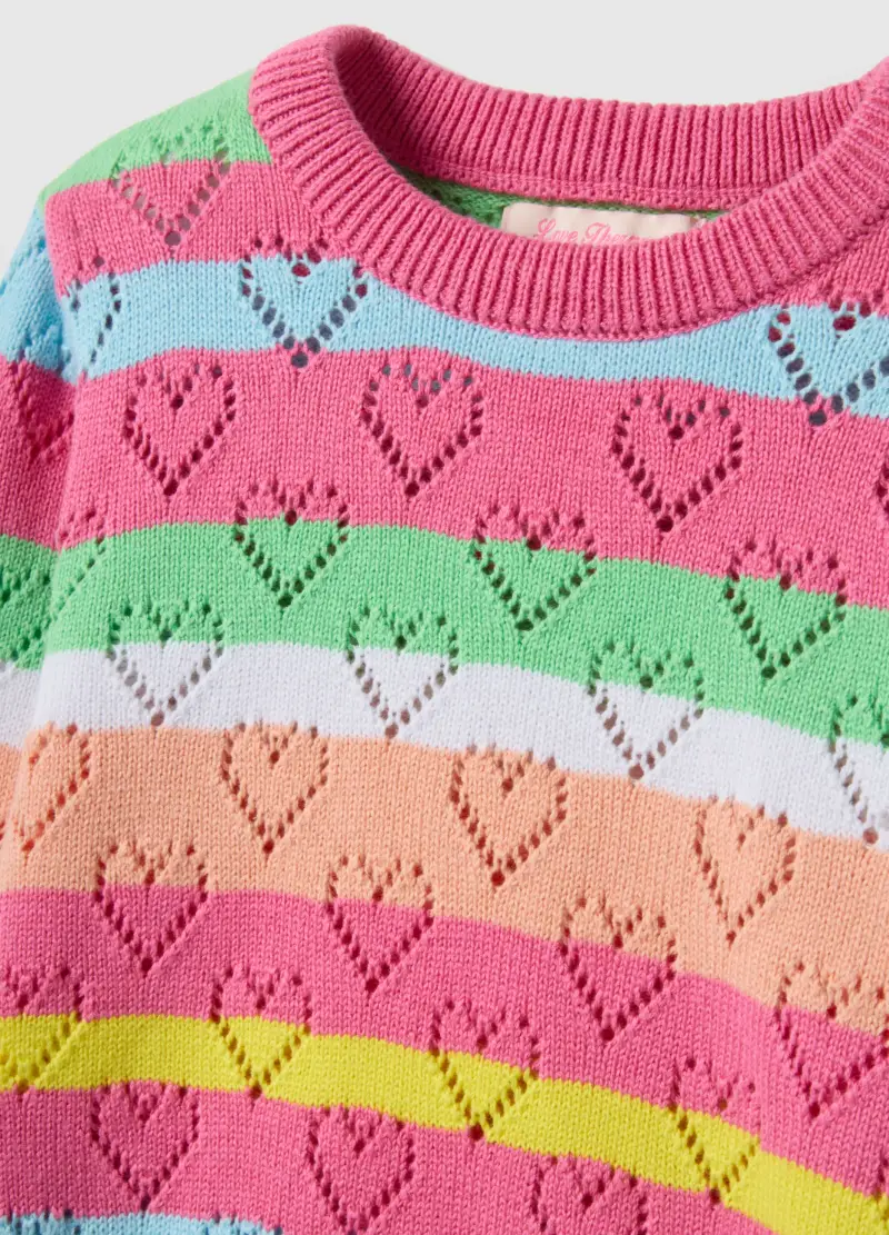 Maglione In Puro Cotone A Righe Multicolor Da Bambina Regular Fit Con Cuori, Multicolor miniatura 3