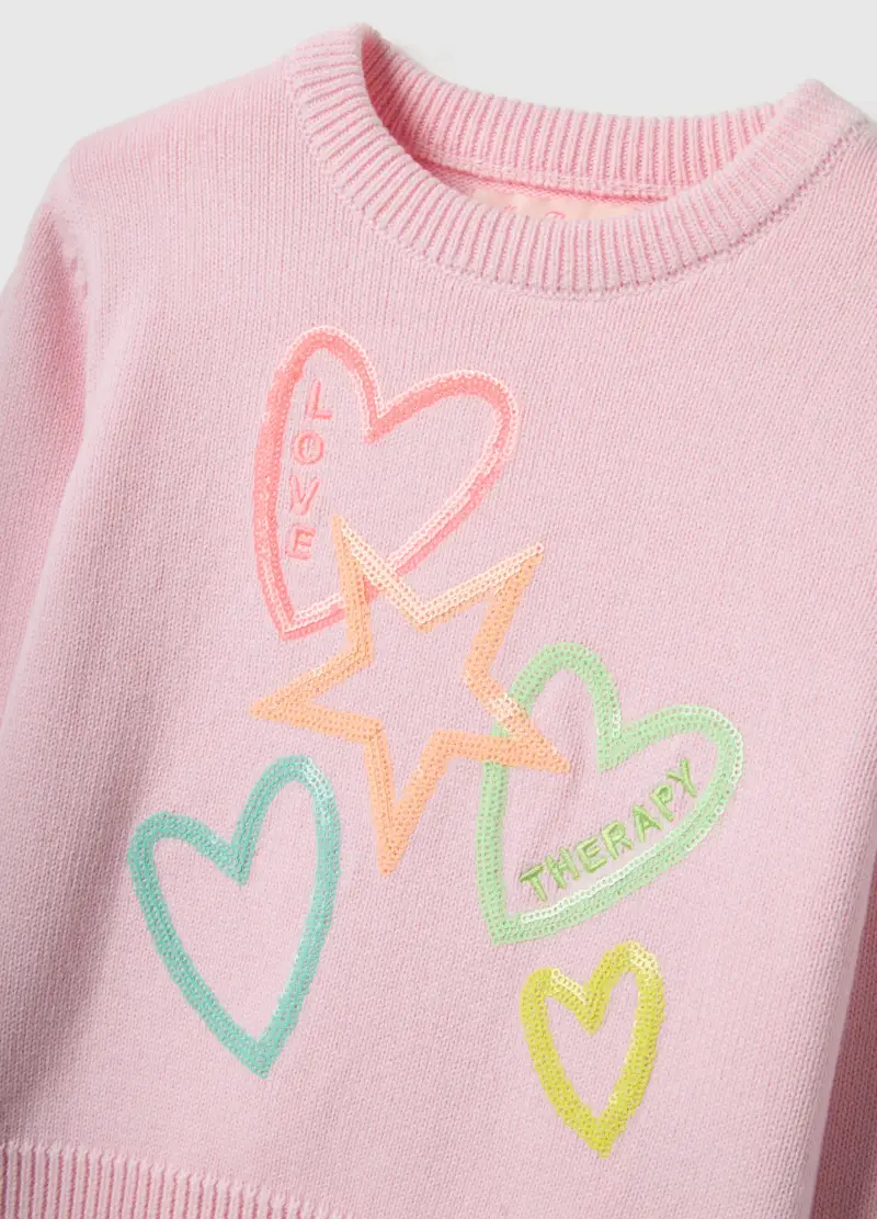 Maglione In Puro Cotone Rosa Da Bambina Regular Fit Con Cuori E Stelle, Rosa miniatura 3