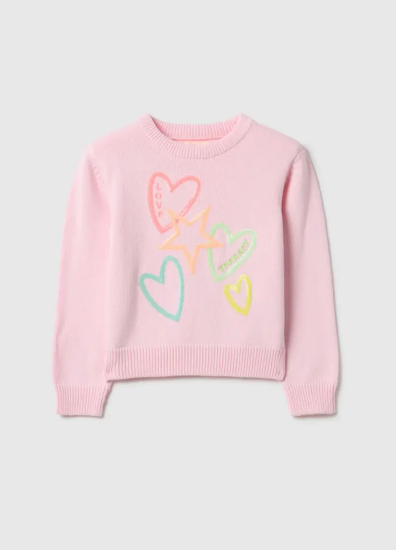 Maglione In Puro Cotone Rosa Da Bambina Regular Fit Con Cuori E Stelle, Rosa