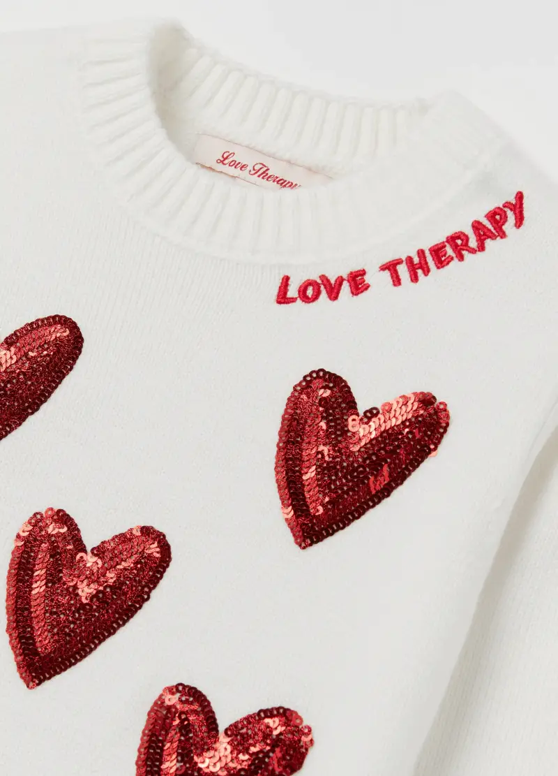 Pullover Con Cuori Di Paillettes E Ricamo, Bambina, Bianco miniatura 3