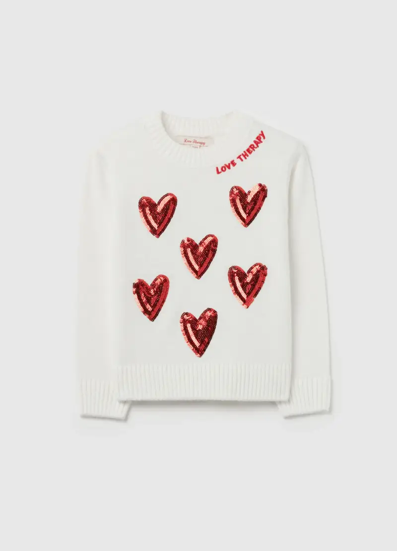 Pullover Con Cuori Di Paillettes E Ricamo, Bambina, Bianco