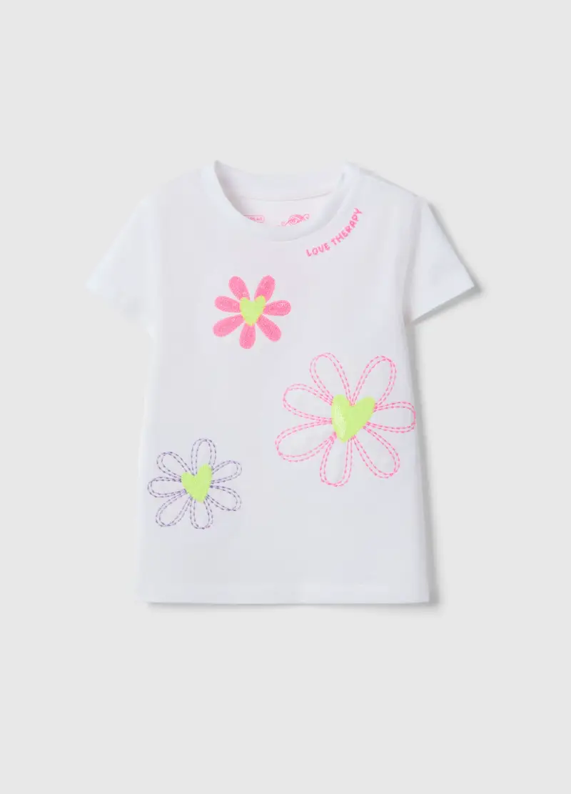T-shirt In Cotone Elasticizzato Bianca Da Bambina Con Fiori Ricamati, Bianco