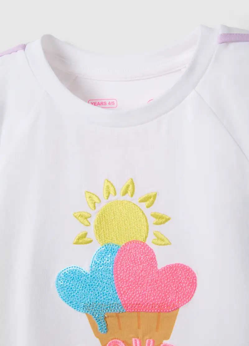 T-shirt In Cotone Elasticizzato Bianca Da Bambina Con Stampa Gelato, Bianco miniatura 3
