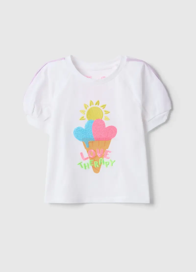 T-shirt In Cotone Elasticizzato Bianca Da Bambina Con Stampa Gelato, Bianco