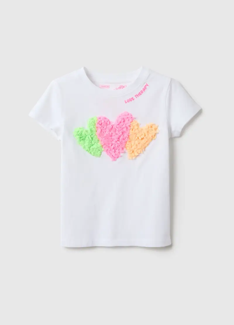 T-shirt In Cotone Elasticizzato Bianca Da Bambina Regular Fit Con Cuori, Bianco