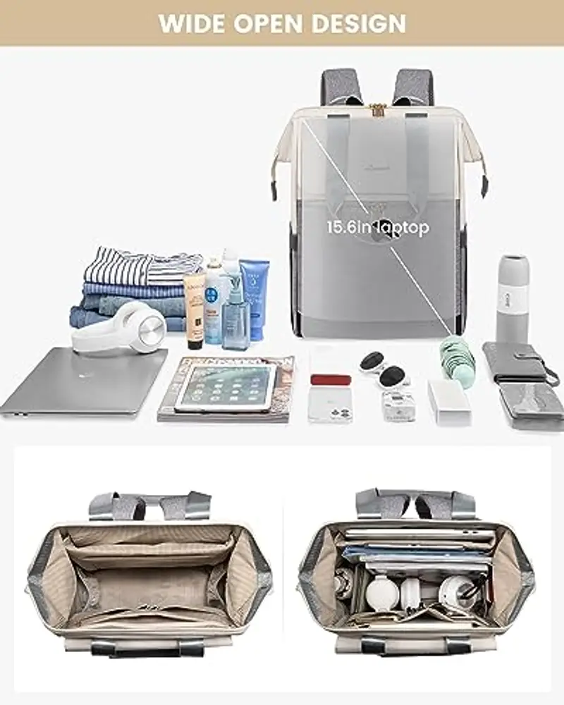 LOVEVOOK Zaino da donna, per computer portatile, impermeabile, Beige e grigio, 15, 6 pollici, Casual miniatura 3