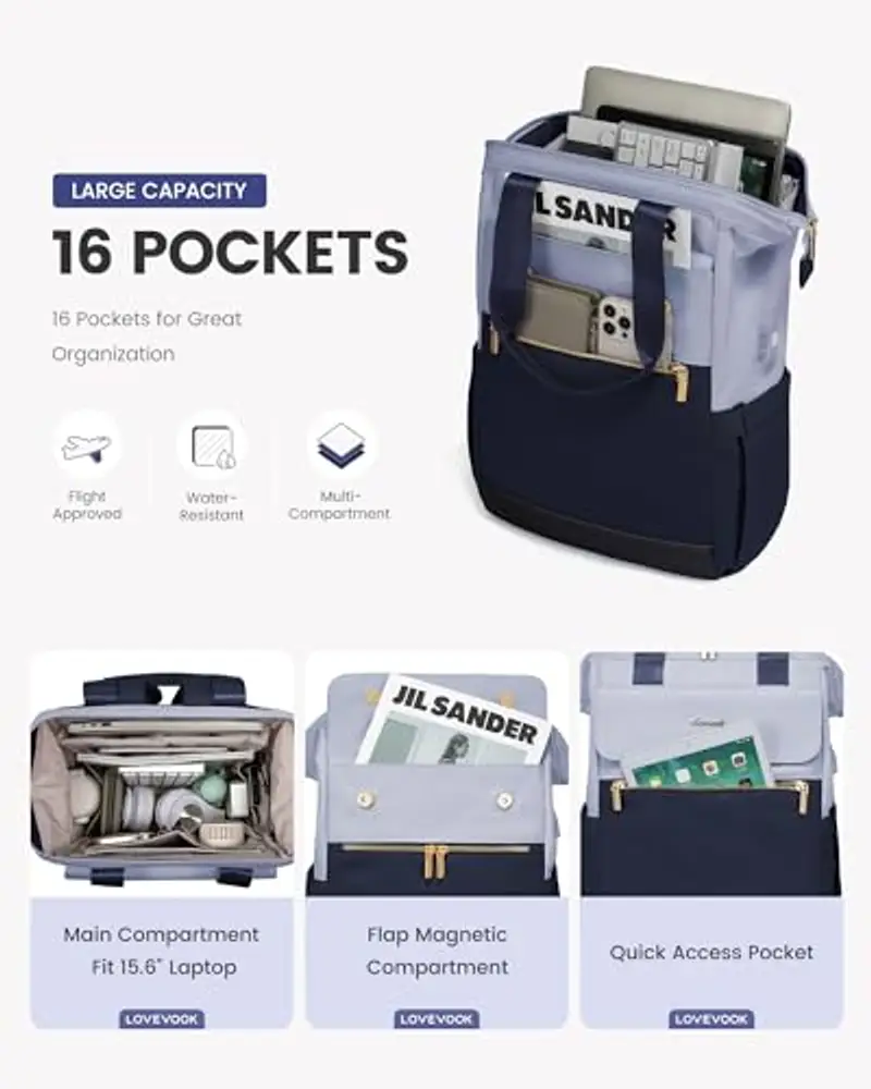 LOVEVOOK Zaino da donna, per computer portatile, impermeabile, Blu chiaro e blu navy, 17, 3 Zoll miniatura 2