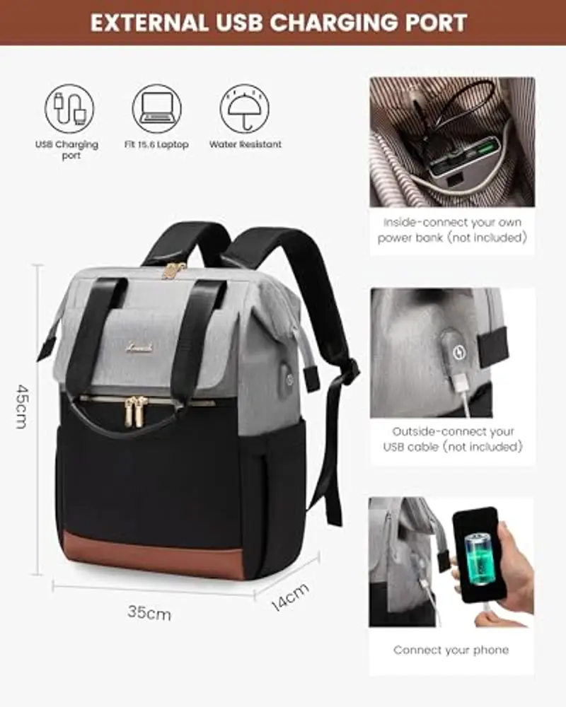 LOVEVOOK Zaino da donna, per computer portatile, impermeabile, Grigio e nero, 15, 6 pollici, Casual miniatura 2