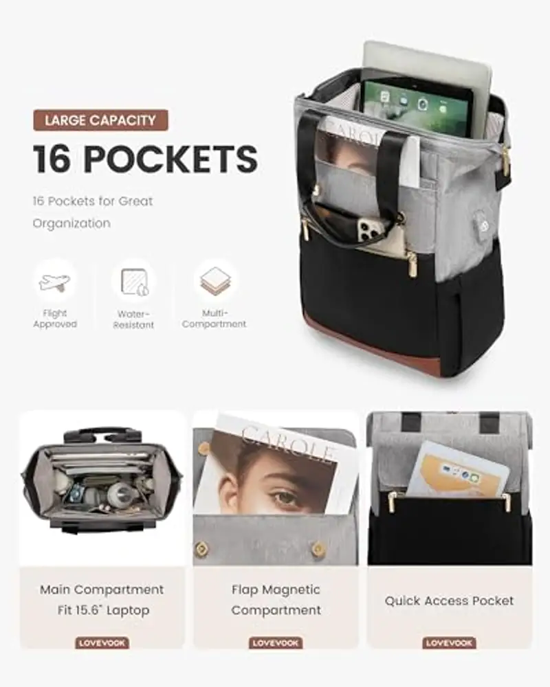 LOVEVOOK Zaino da donna, per computer portatile, impermeabile, Grigio e nero, 17, 3 Zoll miniatura 3