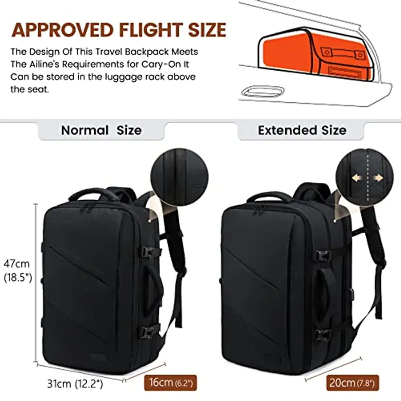 LOVEVOOK Zaino Porta PC 15, 6 Pollici Da Viaggio Aereo Bagaglio A Mano Da Cabina Per Easyjet Ryanair Uomo Donna 30 Litri Grande Trekking Travel Bag Nero miniatura 2