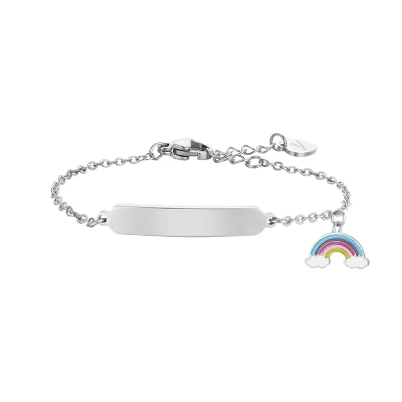 BRACCIALE BAMBINA IN ACCIAIO CON ARCOBALENO E PIASTRA