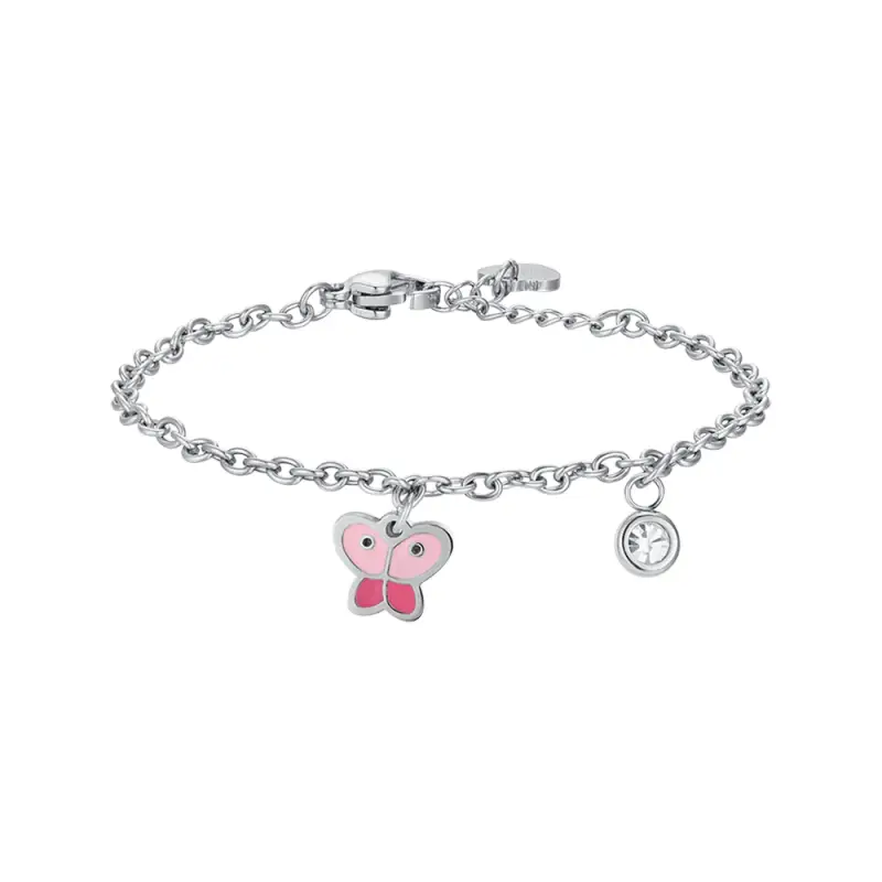BRACCIALE BAMBINA IN ACCIAIO CON FARFALLA CON SMALTO ROSA E CRISTALLO BIANCO