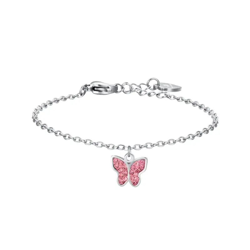 BRACCIALE BAMBINA IN ACCIAIO CON FARFALLA E CRISTALLI ROSA