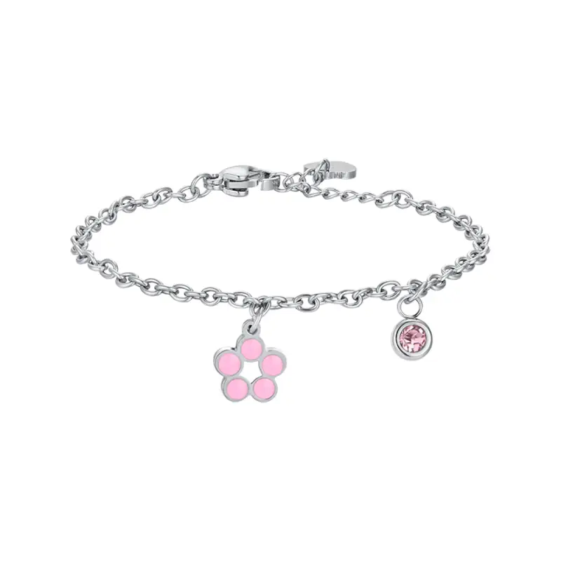 BRACCIALE BAMBINA IN ACCIAIO CON FIORE CON SMALTO ROSA E BIANCO E CRISTALLO