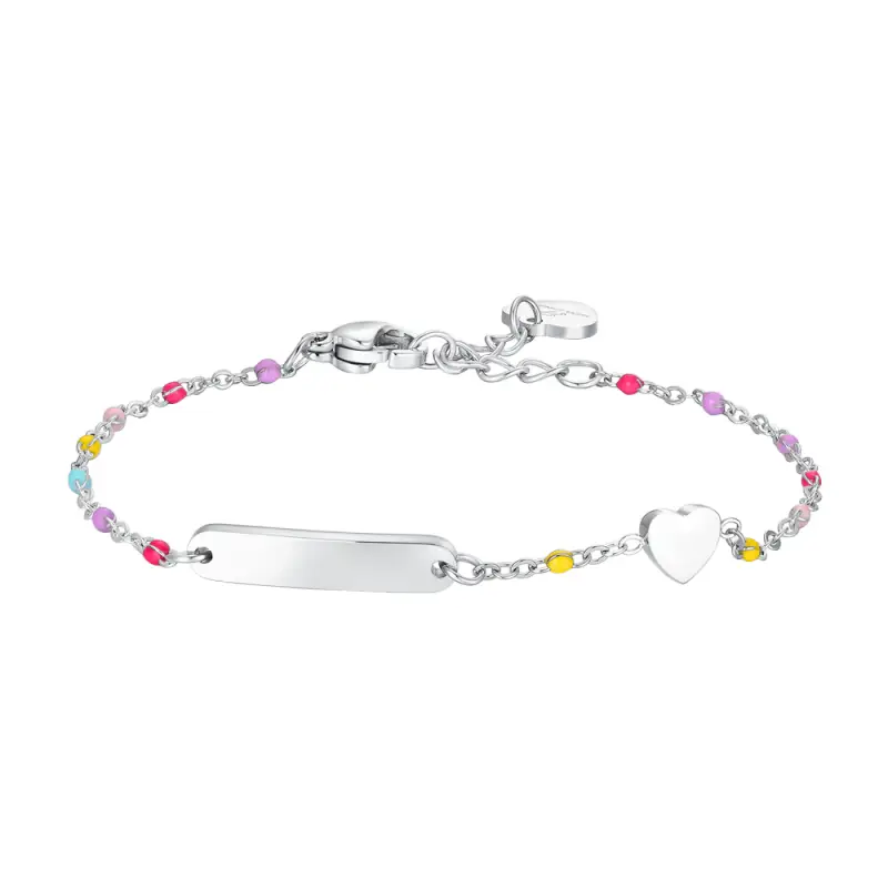 BRACCIALE BAMBINA IN ACCIAIO CON PIASTRA, CUORE ED ELEMENTI MULTICOLOR