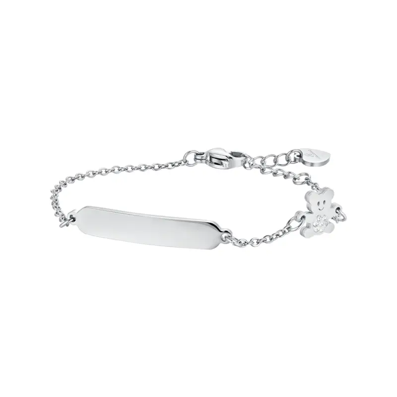 BRACCIALE BAMBINA IN ACCIAIO CON PIASTRA ED ORSETTO CON CRISTALLI BIANCHI