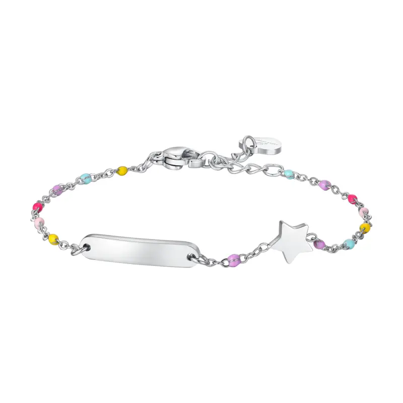 BRACCIALE BAMBINA IN ACCIAIO CON PIASTRA, STELLA ED ELEMENTI MULTICOLOR