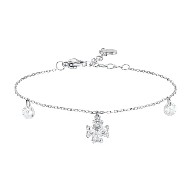 BRACCIALE DONNA CON PENDENTE QUADRIFOGLIO CON PETALI ZIRCONE BIANCO