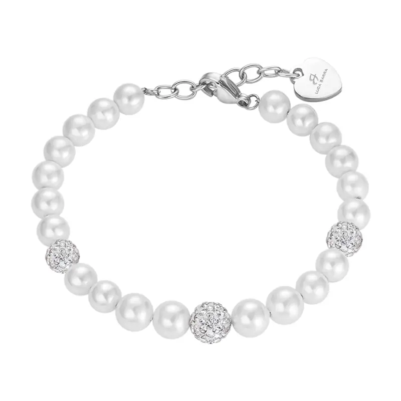 BRACCIALE DONNA DI PERLE SINTETICHE CON CRISTALLI BIANCHI, Argento