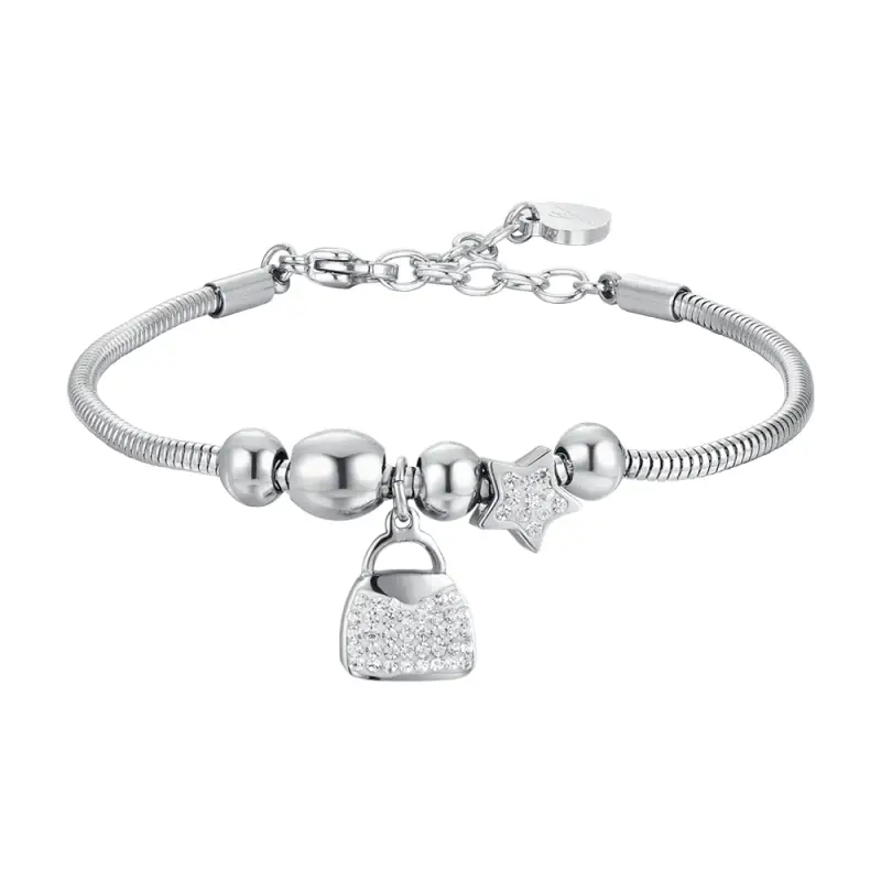BRACCIALE DONNA IN ACCIAIO BORSA E CRISTALLI