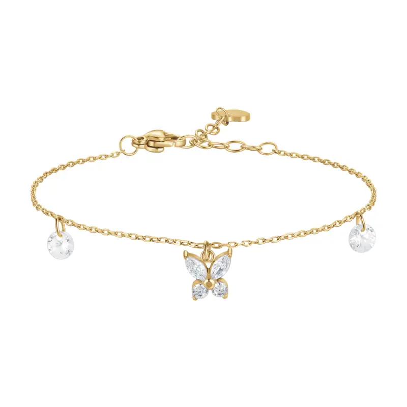 BRACCIALE DONNA IN ACCIAIO COLORE ORO CON PENDENTE FARFALLA ED ALI ZIRCONE BIANC