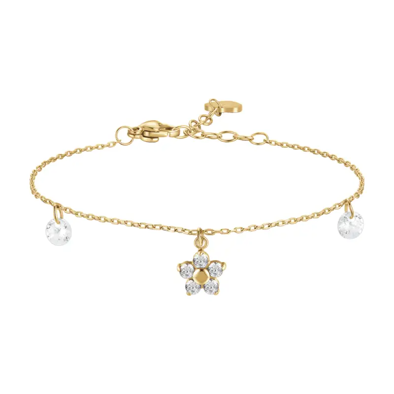 BRACCIALE DONNA IN ACCIAIO COLORE ORO CON PENDENTE FIORE E ZIRCONI BIANCHI