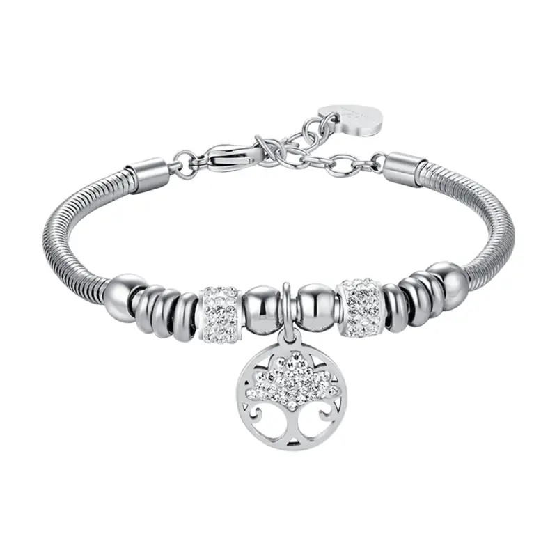 BRACCIALE DONNA IN ACCIAIO CON ALBERO DELLA VITA CON CRISTALLI BIANCHI