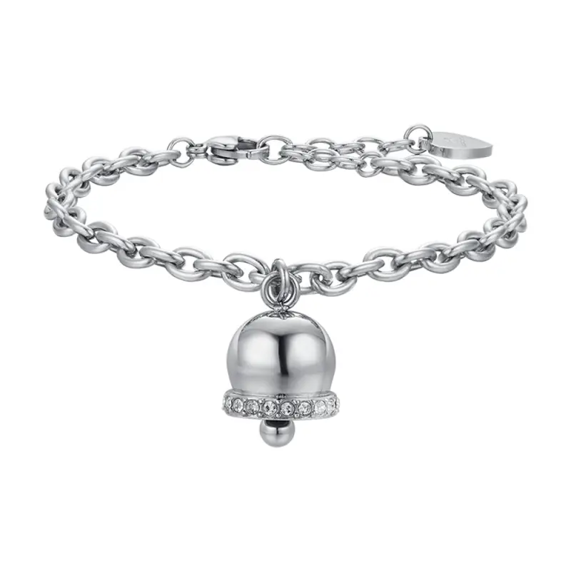 BRACCIALE DONNA IN ACCIAIO CON CAMPANELLA CON CRISTALLI BIANCHI