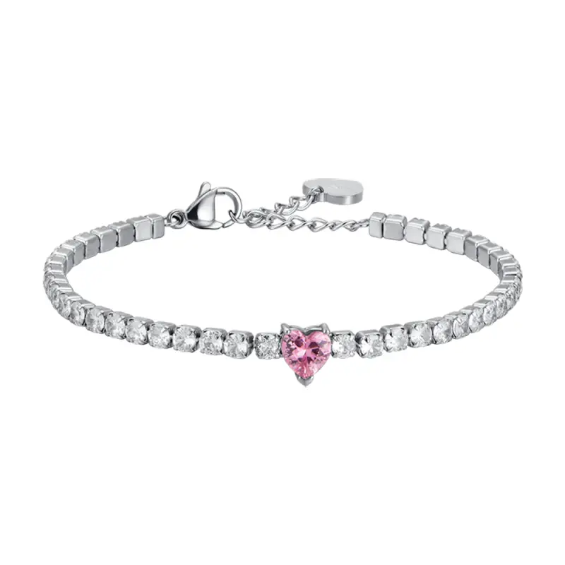 BRACCIALE DONNA IN ACCIAIO CON CRISTALLI BIANCHI E CUORE CRISTALLO ROSA